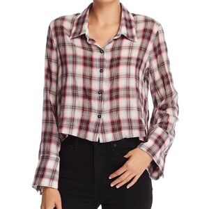 NWT Splendid Plaid Red white Cropped Button Down long sleeve women shirt Top XS